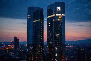 frankfurt, noc, německá banka, panoráma, mrakodrap, Německo, město, světla, hlavní, soumrak, panoráma města