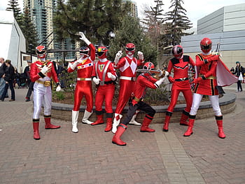 group, red, power rangers, gathered, cosplay event, super heroes, costumes, people, super, superhero, power