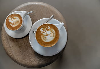 crema-latte, il giro, Marrone, di legno, tavolo, caffè, caldo, bere, caffè espresso, tazza, piattino