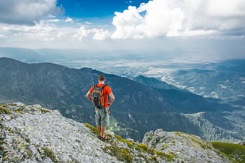 man, standing, cliff, facing, mountain, valley, landscape, nature, sky, clouds, people
