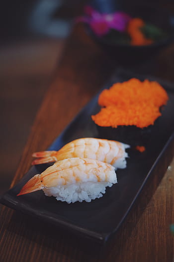 mělký, zaměření fotografie, krevety sushi, sushi, jídlo, krevety, rýže, deska, japonský, restaurace, jídlo a pití