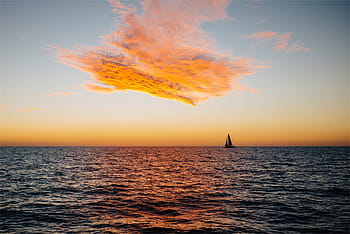 sejle, båd, legeme, vand, Foto, midten, hav, hvid, skyer, sejlbåd, solnedgang
