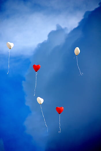 two, red, three, white, heart balloons, sky, balloon, heart, love, romance, heart shaped