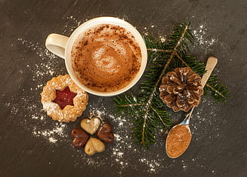 cappuccino, cookies, borovice, horká čokoláda, kakao, příchod, čokoláda, Vánoce, sladkost, pochoutka, jídlo