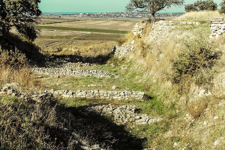 troy, ruin, schliemann, dig, schliemann trench, nature, rural Scene, agriculture, landscape, grass, field