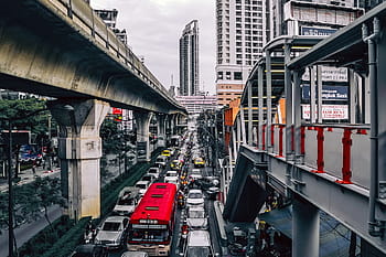 fotografi lanskap, sibuk, jalan-jalan kota, bangkok, thailand, kota, lanskap kota, perkotaan, mobil, truk, kendaraan