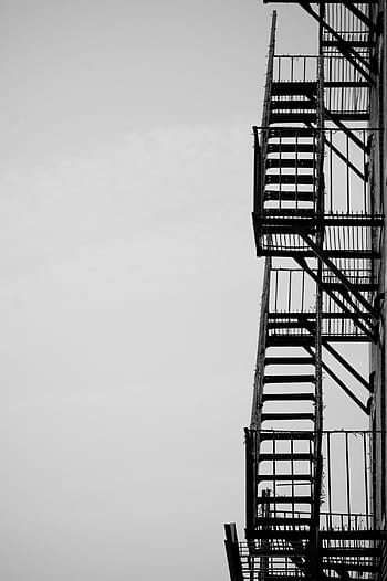 brown, metal racks, architectural, photography, black, metal, fire, exit, ladder, sky, steel