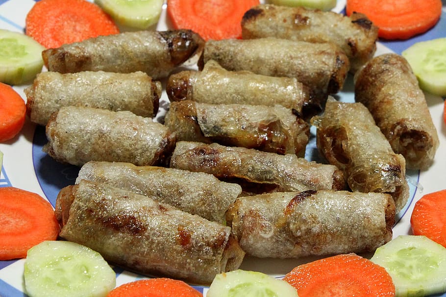 fried, rolled, dish, plate, fried spring rolls, vietnamese, homemade, fry, food, asian, roll