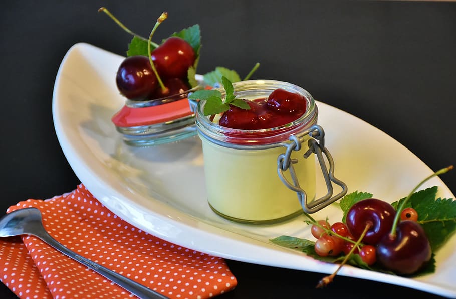 air-tight jar, filled, red, cherry, white, boat bowl, pudding, vanilla pudding, cherries, groats, cherry groats