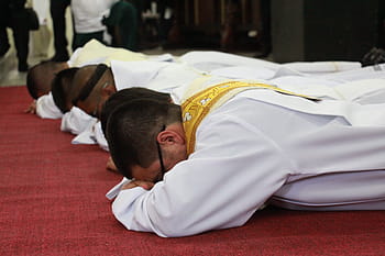 four, priests, bowing, floor, Sacerdote, Priest, diácono, iglesi, church, religion, deacon