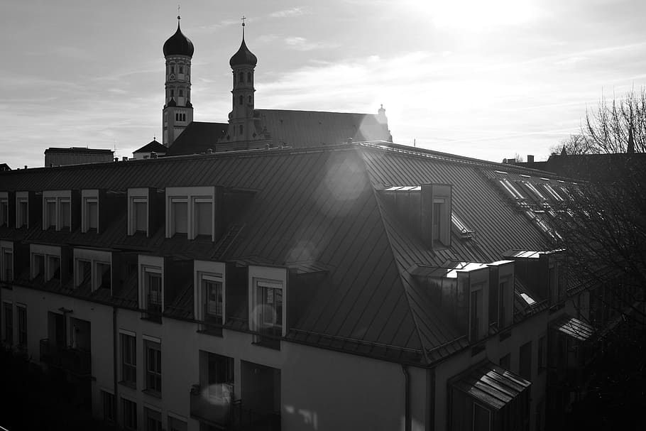 homes, city, architecture, building, old town, real estate, terraced houses, augsburg, churches, monochrome, light