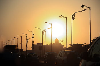 silueta, parkovací sloupové lampy, západ slunce, horizont, oranžový, nebe, měsíc, světlo, auto, vozidlo, silnice