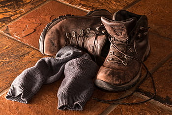 pair, brown, leather boots, gray, socks, tiles, boots, footwear, workwear, shoes, leather
