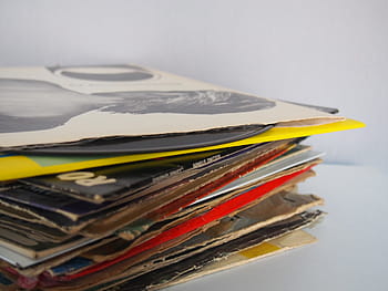 pino, tallentaa hihat, valikoituja, painettu, paperit, puinen, ylin, asiakirjat, vinyylejä, albumit, musiikki