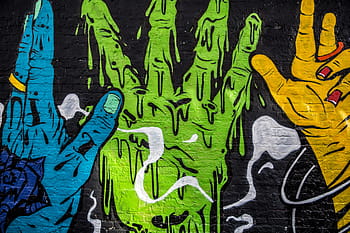depicting, vibrantly, coloured, hands, captured, brick wall, Street art, urban, graffiti, people, illustration