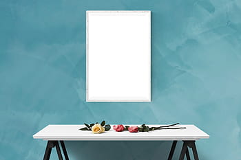 closeup, console, table, frame, green, wall, poster, mockup, template, presentation, desk