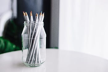 cuaderno, blanco, teléfono inteligente, varios, artículos, en blanco y negro, lápices, dibujo, tarro, vistoso, adentro