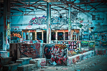 seni grafiti, tempat-tempat yang hilang, pabrik, tua, murtad, bangunan, aula, kehancuran, meninggalkan, bangunan industri, industri