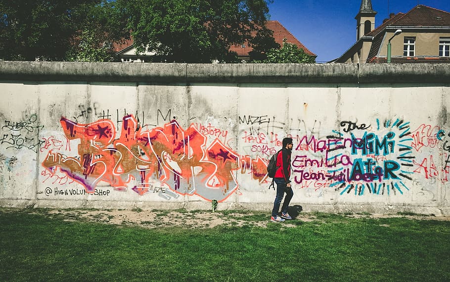 graffiti, umění, zeď, nástěnná malba, malování, lidé, muž, zelená, tráva, modrý, nebe