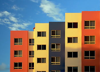 colorful, buildings, background, blue, sky, windows, cityscape, apartments, vibrant, building, clouds