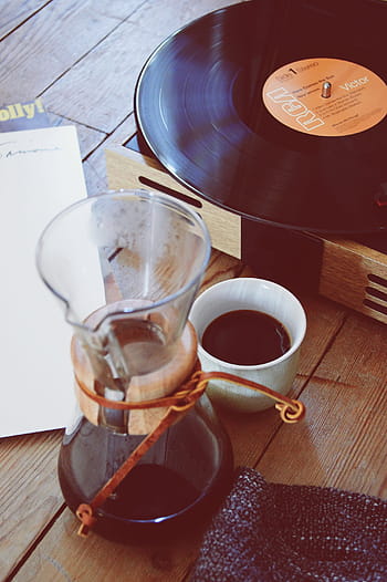 bílý, keramický, džbánek, káva, uvnitř, vedle, Černá, rca vinyl záznam, gramofonová deska, hudba, Naslouchání