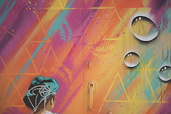 purple, yellow, teal pattern, wooden, door, droplet, water, graffiti, mural, spray paint, art