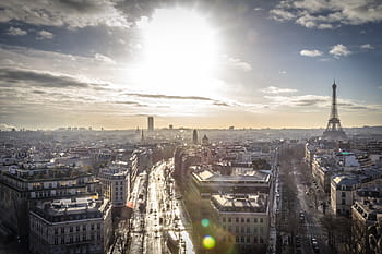 letecký, fotografování, Eiffelova věž, Paříž, Francie, eiffel, věž, během dne, nebe, Sluneční svit, mraky