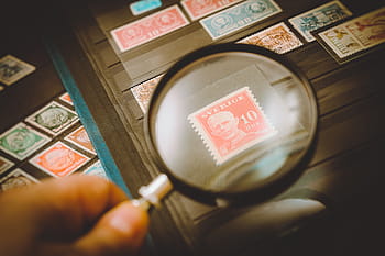magnifying, glass, showing, postage stamp, philatelist, stamp collection, stamp, collecting, collection, loop, zoom