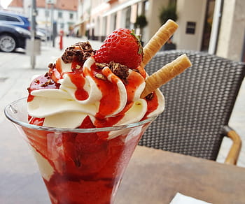 Ice Cream Sundae, Strawberries, strawberry sundae, cream, milk, milk product, waffle, ice, delicious, sweet, dessert