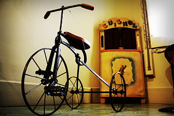 black, brown, trike bicycle, inside, room, person, taking, wheeled, vehicle, antique, tricycle