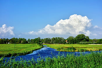 landscape photography, river, water, waterway, meadow, field, polder, skyline, trees, grass, clouds