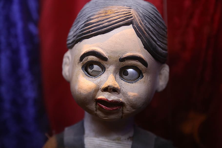 brown, haired, wooden, puppet, brown haired, creepy, ventriloquist, spooky, halloween, human body part, looking at camera