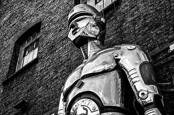black, white shot, large, robot structure, central, london, Black and white, shot, robot, structure, Camden