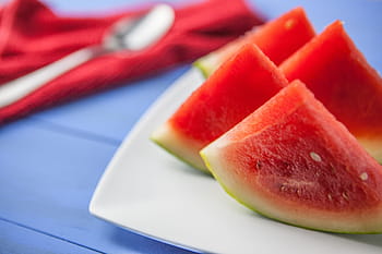 slices, water melon fruit, sit, blue, tabletop, captured, canon dslr, Fresh, water melon, fruit, Canon