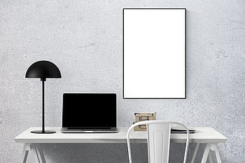 macbook, pro, white, wooden, table, mockup, wall, poster, mock, frame, template