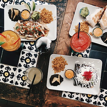 vaisselle, restaurant mexicain, coloré, Margarita, mexicain, tacos, vue de dessus, aliments, repas, gourmet, dîner