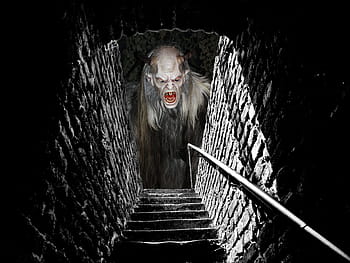 hairy, monster, top, stairs, stone stairway, gradually, emergence, staircase, stone, railing, old