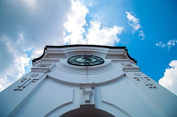 white, concrete, analog building clock, low, angle, photography, tower, clock, architecture, buildings, city
