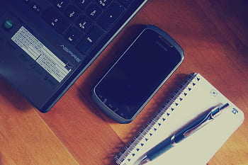 laptop, počítač, chytrý telefon, mobilní, pohybliví, technologie, objekty, zařízení, poznámkový blok, pero, kancelář, lavice