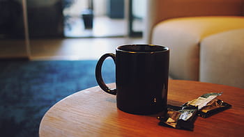 black, ceramic, mug, placed, brown, wooden, coffee table, selective, focal, coffee, table