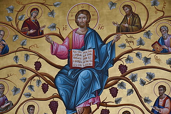 čtyři náboženské ilustrace, řecký ortodoxní, umění, kostel, řecký, nástěnná malba, starý, ortodoxní, malování, náboženství, svatý