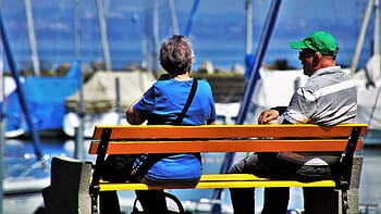 Mann, Frau, Sitzung, Bank, draußen, Tag, Abs, Senior, Entspannung, See, männlich