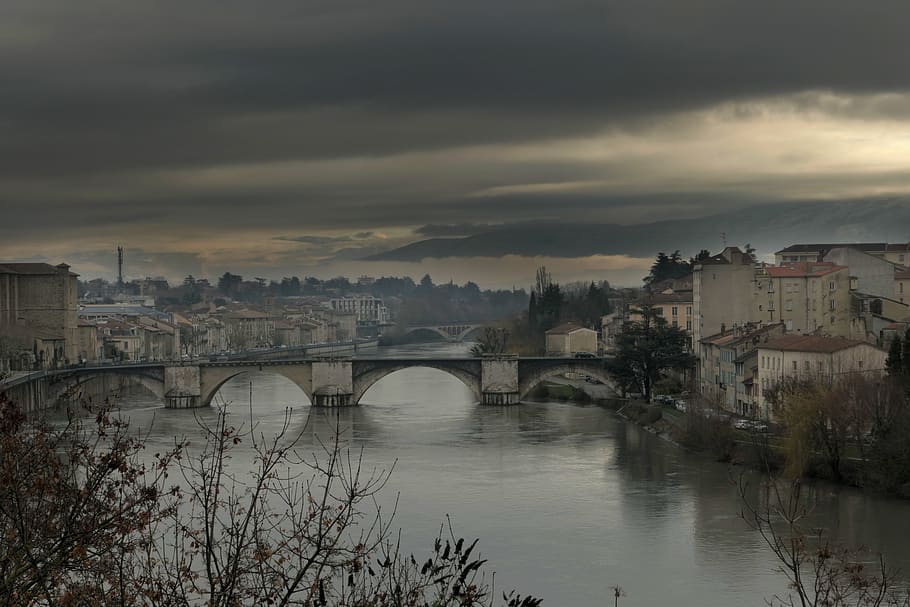 řeka, architektura, tělo z vody, panoramatický, město, bourg mýtné, Isère, oddělení drôme, 26100, romans sur isère, starý most