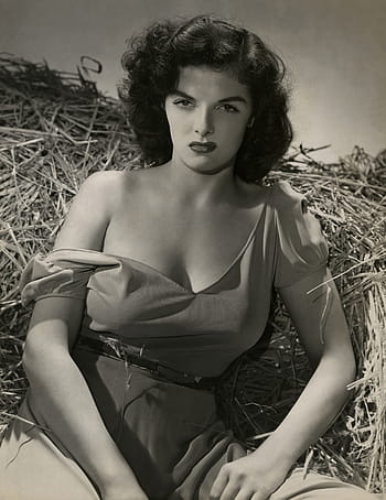 wanita, duduk, hay, jane russell, aktris, publisitas, foto, penjahat, hitam dan putih, monokrom, bintang