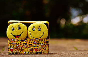 dua, mainan emoji, di dalam, kuning, kotak, smilies, lucu, kegembiraan, emoticon, emoji, smiley