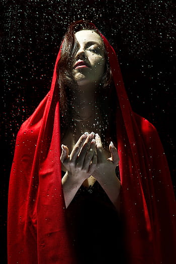 žena, Červené, roucho, tkanina, ženy, Modelka, dívka, studio, ruce, Krásná, portrét