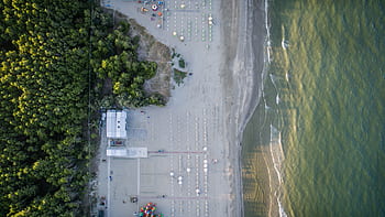 antenowy, widok, morze, ocean, woda, plaża, piasek, Wybrzeże, Ośrodek wczasowy, drzewa, roślina