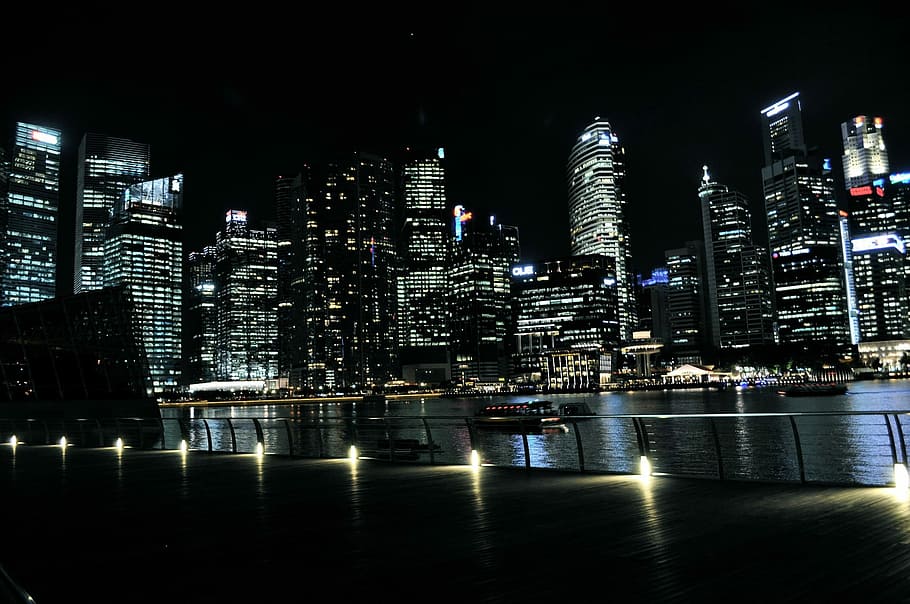 landscape photograph, high-rise, buildings, body, water, night, setting, landscape, photograph, high-rise buildings, body of water