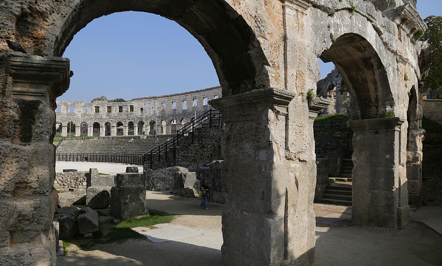 architecture, arch, travel, ancient, old, stadium, monument, archaeology, ruin, croatia, pula