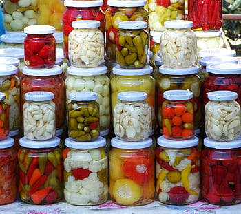 assorted, infused, vinegar bottles, pickled vegetables, pickles, food, variation, jar, choice, vegetable, pickle
